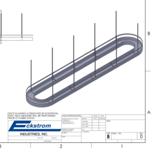 DESIGN Isometric CAD drawing of a long oval channel with vertical supports along its length, from Eckstrom Industries.